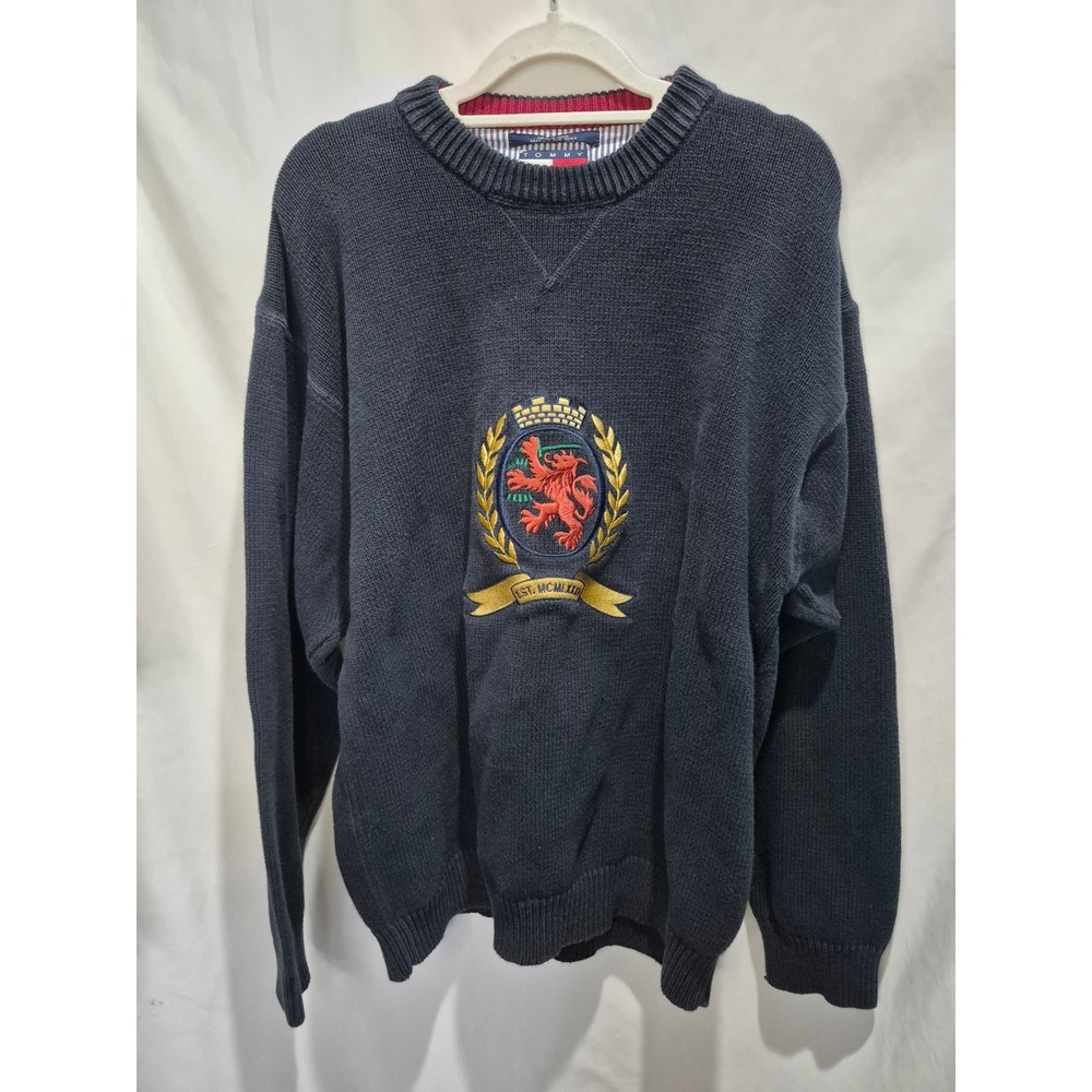 Vintage 90s Tommy Hilfiger Crest Lion Sweater Men's L Navy Embroidered Hong Kong